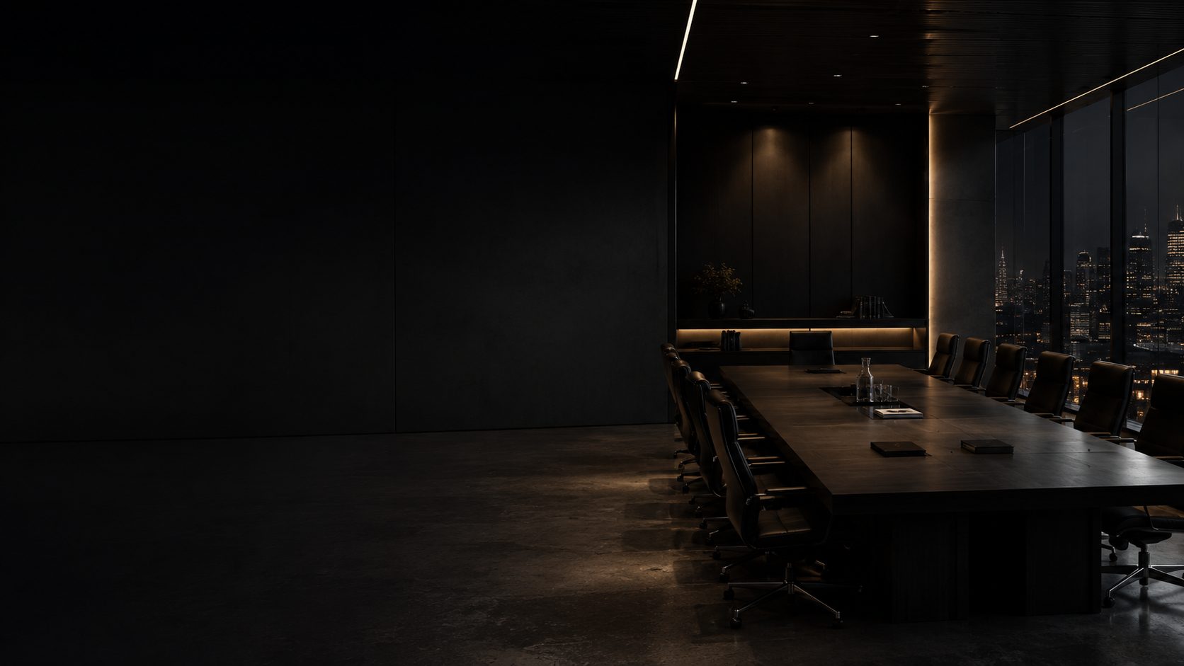 Modern executive boardroom at night with city skyline